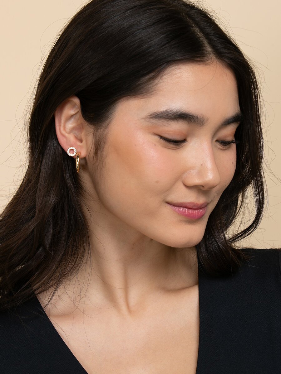 Studded Gold Pave Circle + Emerald Cut + Hoop Earring Trio