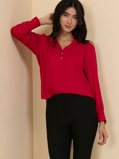 Long Sleeve V-Neck Blouse with Silver Buttons, Black/Red Floral