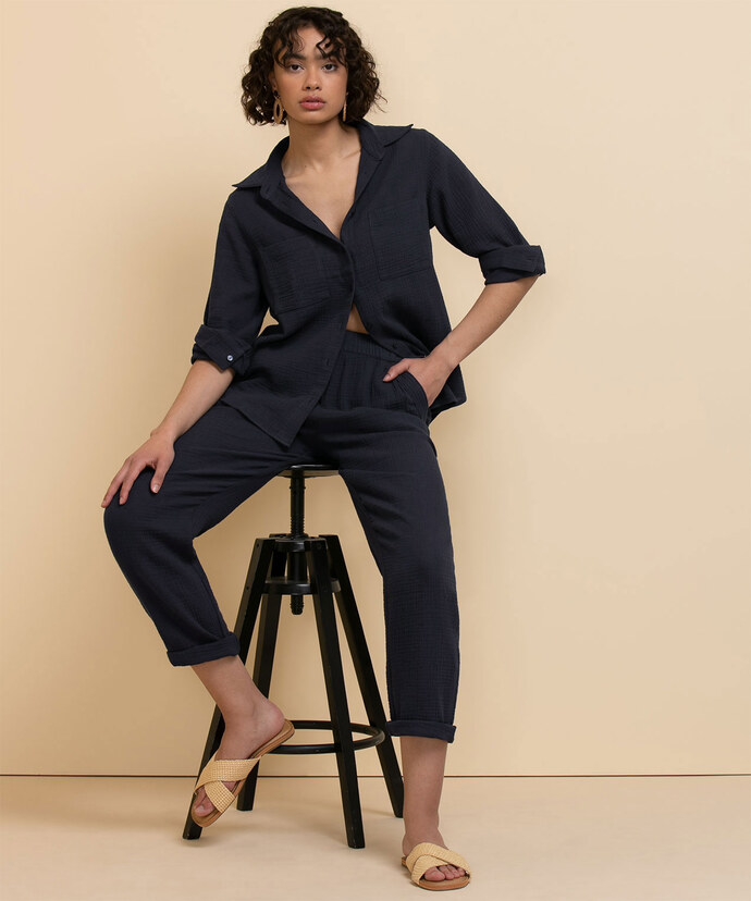 Tapered Crinkle Cotton Pant with Tie-Belt Image 6