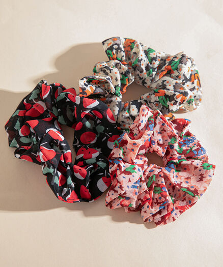 3-Pack Assorted Floral/Cherry Scrunchies, Assorted