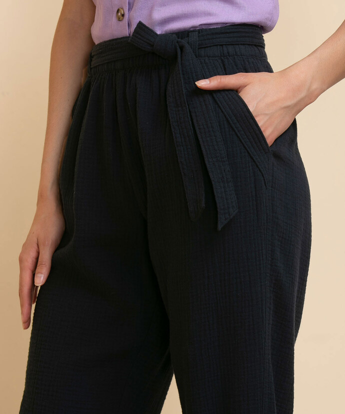 Tapered Crinkle Cotton Pant with Tie-Belt Image 4