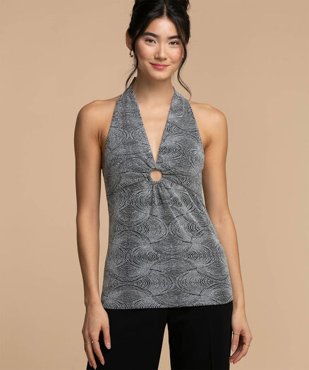 Ring Front Halter Top, Black/Silver Swirl Ring Front Halter Top, Black/Silver Swirl