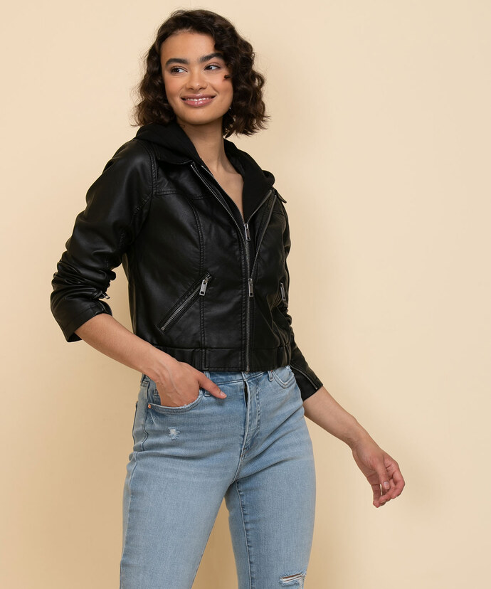 Sebby Collection Faux Leather Jacket with Fleece Hood Image 3