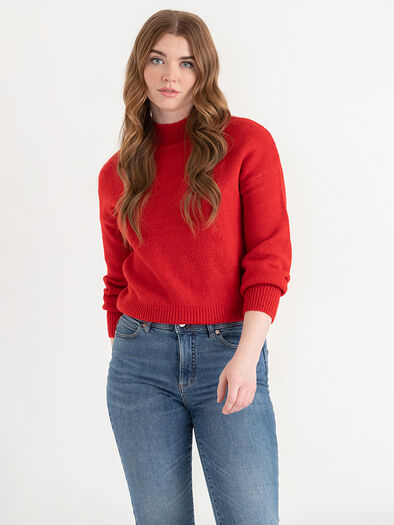 Mock Neck Balloon Sleeve Sweater, Goji Berry Mock Neck Balloon Sleeve Sweater, Goji Berry