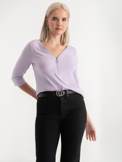 V-Neck Zipper 3/4 Sleeve Top, Pastel Lilac V-Neck Zipper 3/4 Sleeve Top, Pastel Lilac