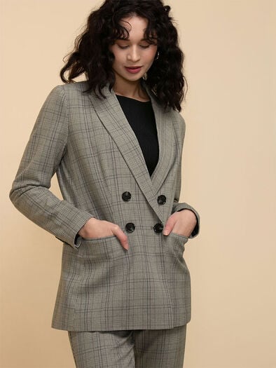 London Double-Breasted Relaxed Blazer in Luxe Tailored, Grey Plaid