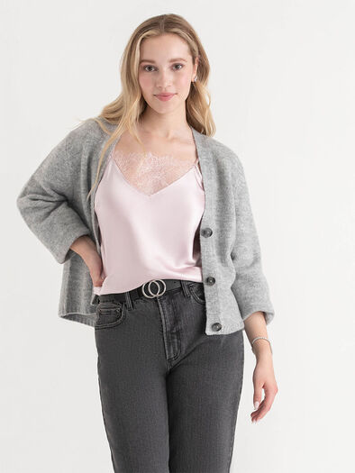 Long Sleeve Button Front Cardigan, Light Heather Grey Long Sleeve Button Front Cardigan, Light Heather Grey