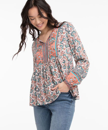 Printed Long Sleeve Boho Top, Blue Border Printed Long Sleeve Boho Top, Blue Border