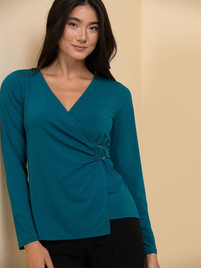 Long Sleeve Wrap Top with Ring Buckle Image 1