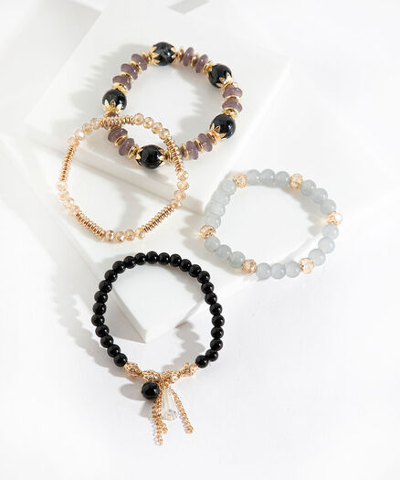 Crystal Beaded Bracelet 4-Pack, Gold/Grey/Black