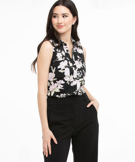 Sleeveless Collared Button Front Blouse, Black Floral