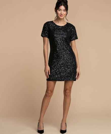 Short Sleeve Sequin Dress, Black Short Sleeve Sequin Dress, Black