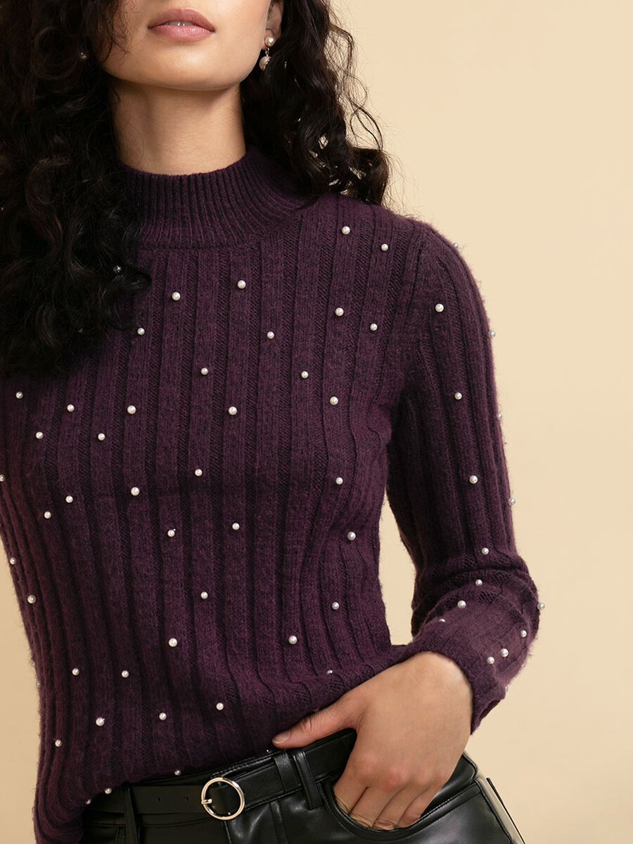 Wool-Blend Mock Neck Pearl Sweater