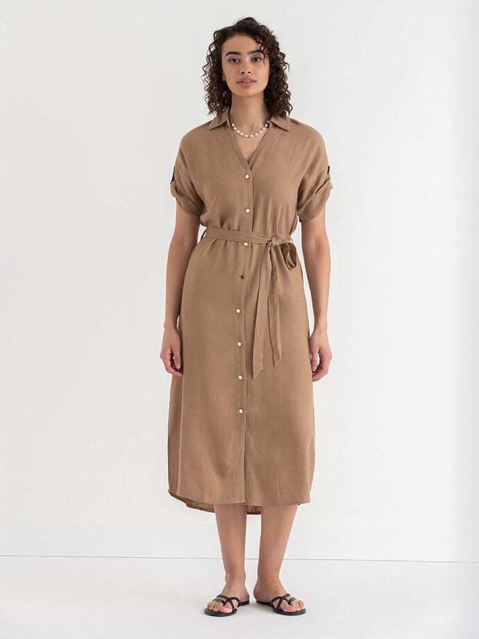 Linen Shirtdress with Roll Sleeves Image 6