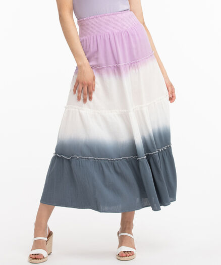 Dip-Dye Tiered Maxi Skirt, Purple/White/China Blue