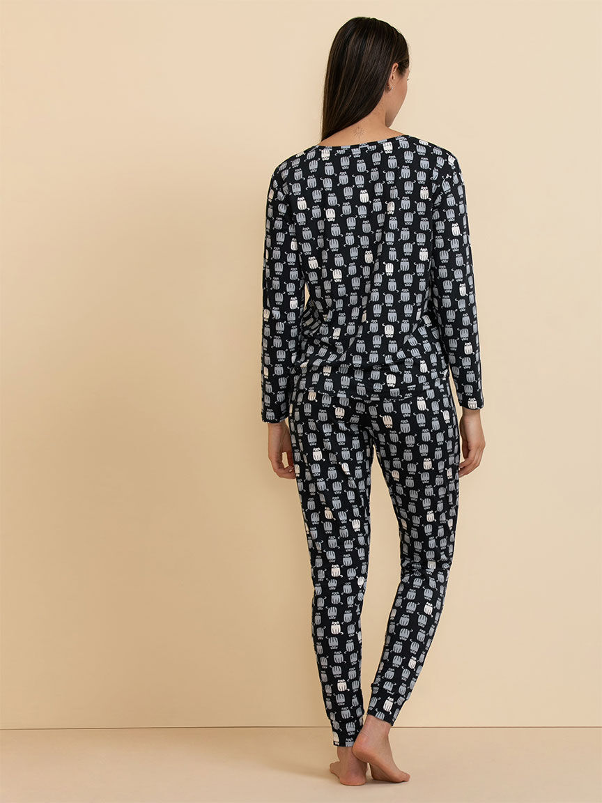 Long Sleeve Cat Print Pajama Set Rickis