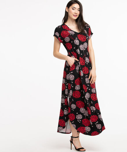 Pocketed T-Shirt Maxi Dress, Red Floral Pocketed T-Shirt Maxi Dress, Red Floral