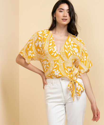 Short Sleeve Wrap Blouse, Yellow/White Floral