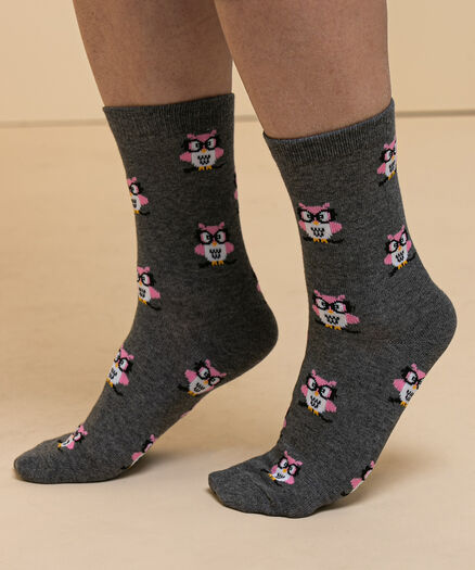 Cute Owl Socks, Charcoal/Pink Owl