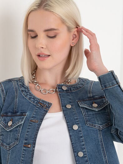 Collarless Denim Jacket, Mid Wash Collarless Denim Jacket, Mid Wash