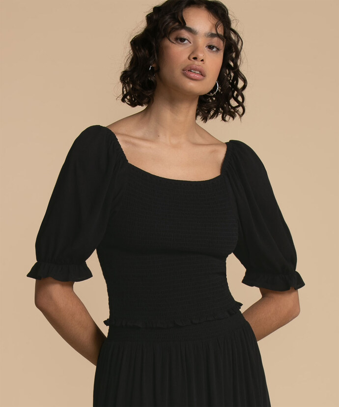 Crop Length Smocked Top with Puff Sleeve Image 1