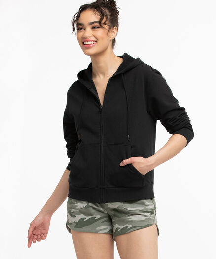 French Terry Zip Front Hoodie, Black