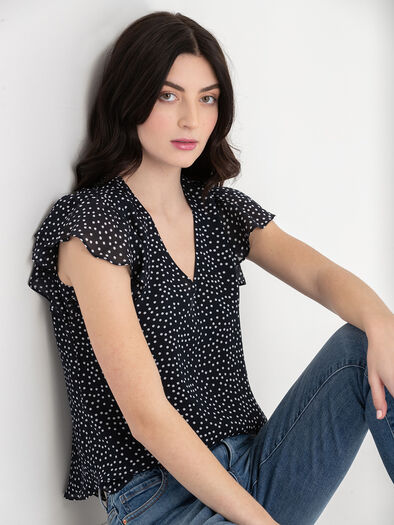 V-Neck Flutter Sleeve Blouse, Salute Dot Print V-Neck Flutter Sleeve Blouse, Salute Dot Print