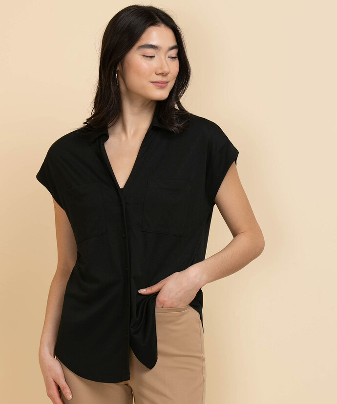 Knit Collared Top with Button Front Image 2