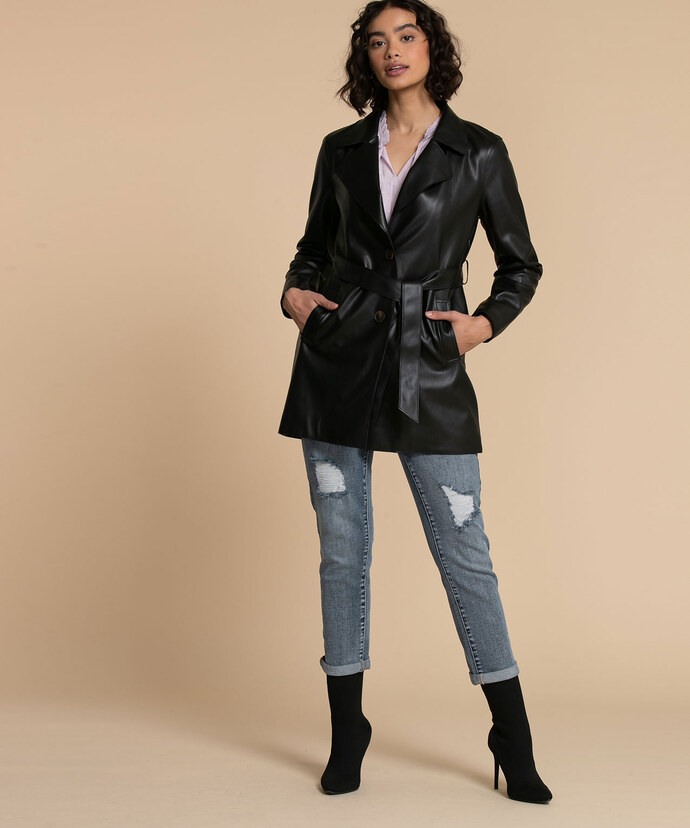 Belted Faux Leather Trench Coat Image 1