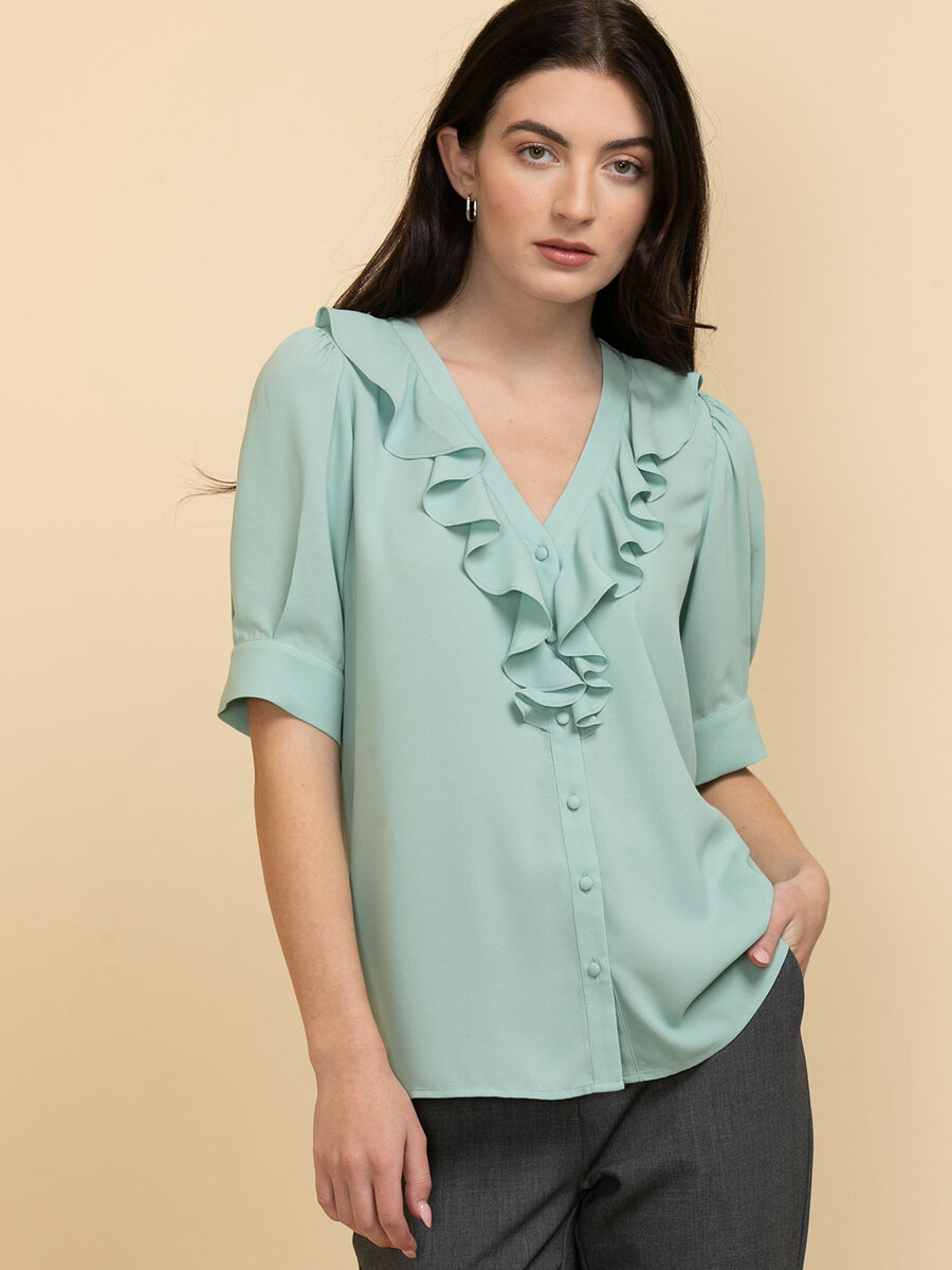 Elbow Sleeve Ruffle Front Blouse