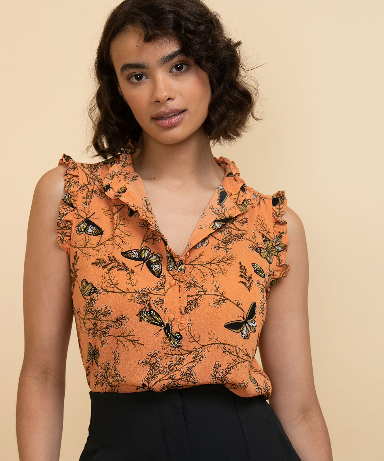 Ruffle neck sleeveless top clearance