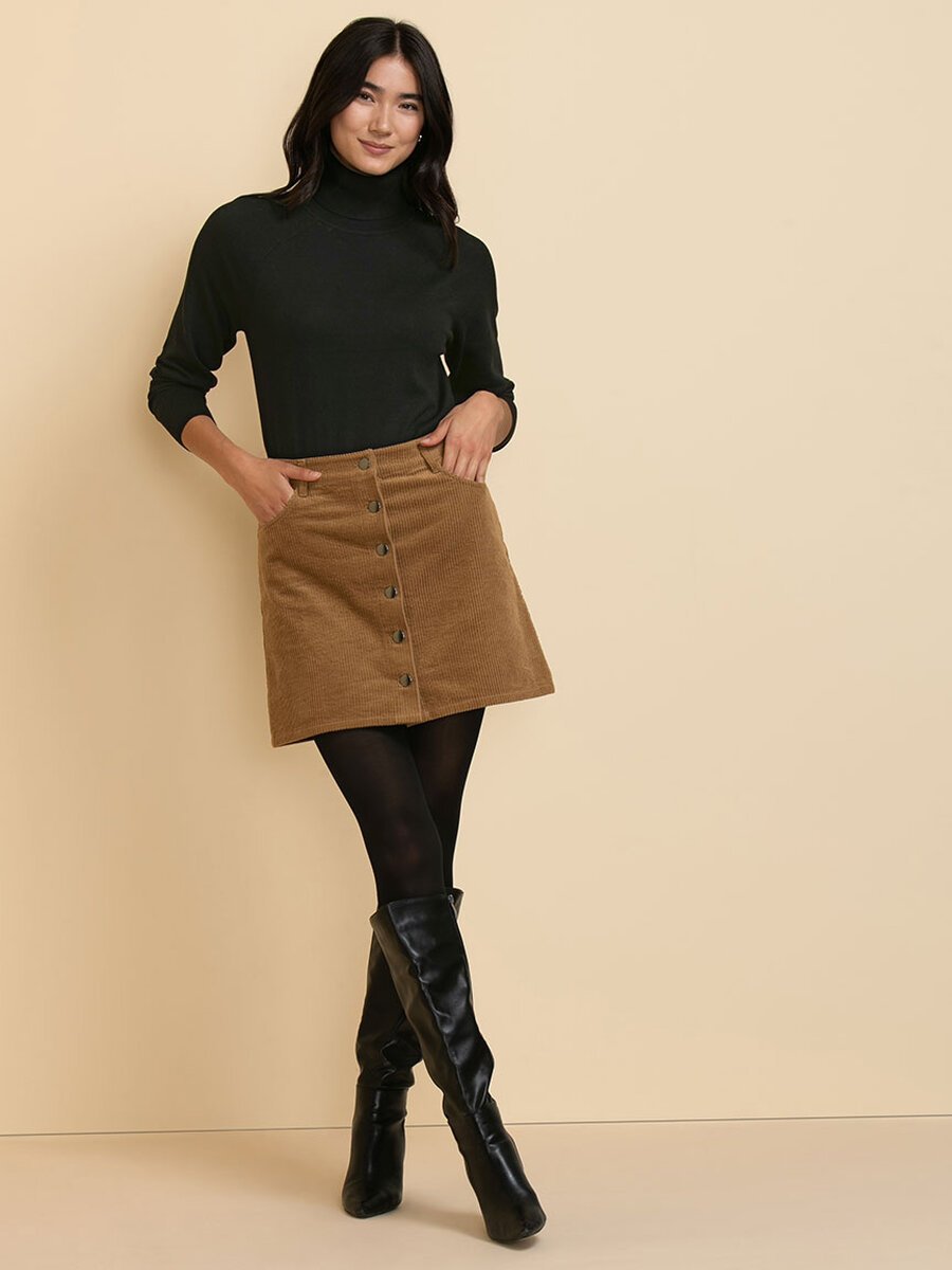Button-Front Wide Wale Corduroy Skirt
