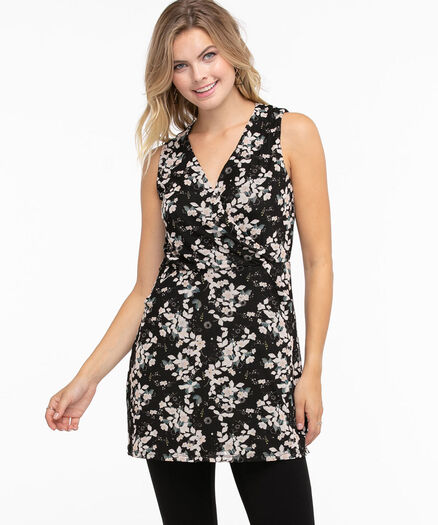 Sleeveless Mesh Wrap Tunic Top, Black/Ivory/Tapestry Floral