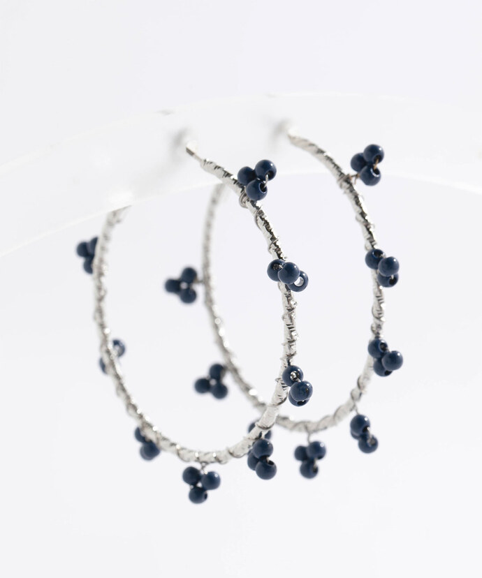 Silver Hoop Earrings with Flower Beads Image 2