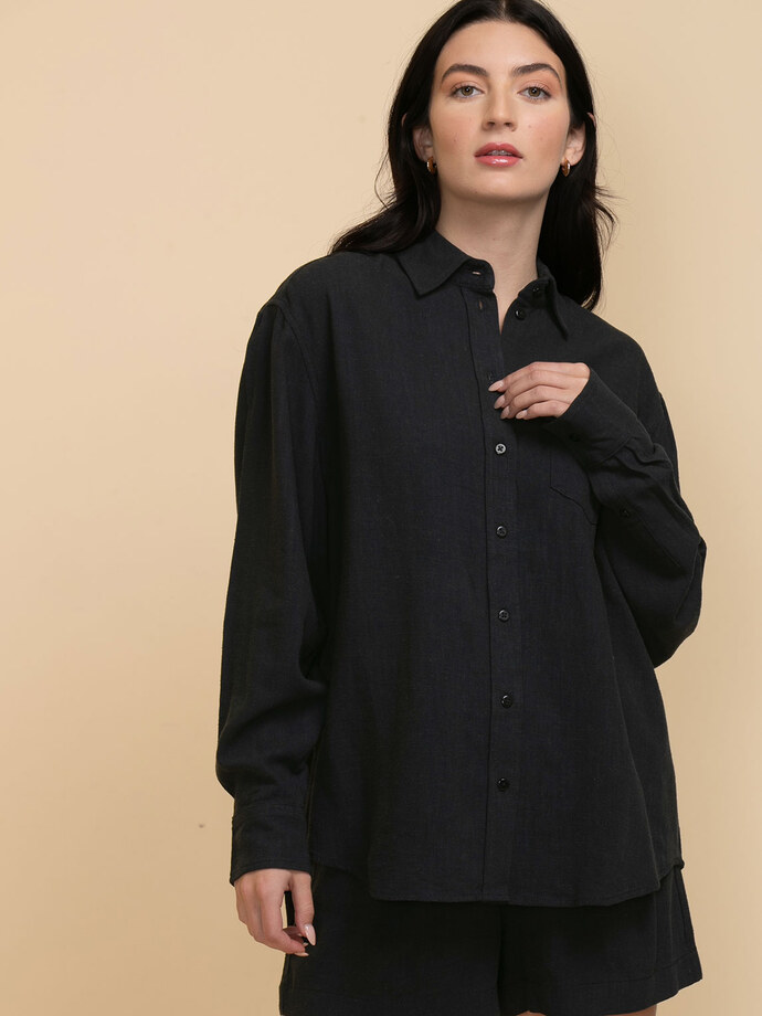 Long Sleeve Linen Button-Up Shirt Image 2