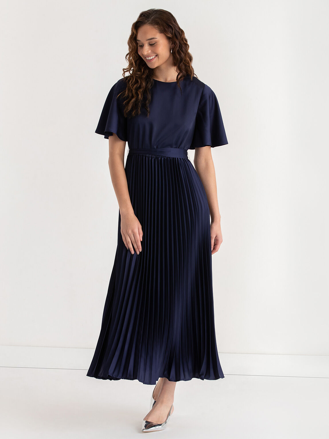 Short Sleeve Pleated Dress with Flutter Sleeves Rickis