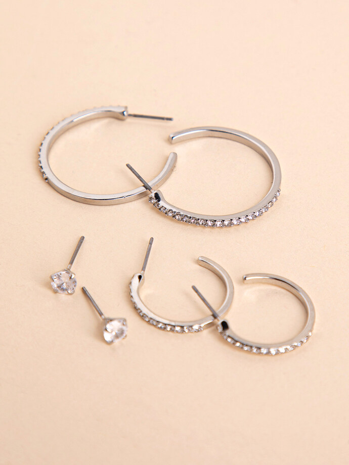 Trio Pack Silver Studs and Hoops Image 1