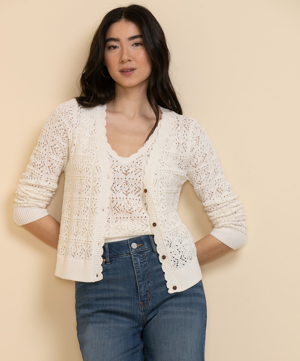 Pointelle outlet long cardigan