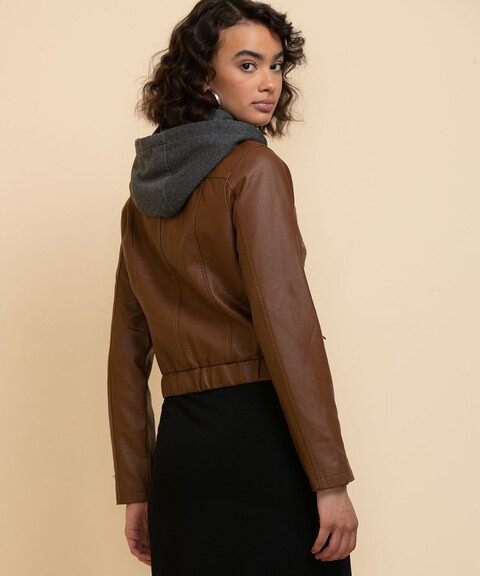 Sebby Collection Faux Leather Jacket with Fleece Hood