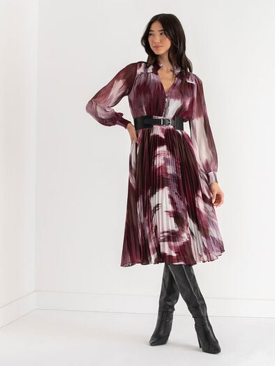 Long Sleeve Pleated Midi Dress, Blurred Romance Long Sleeve Pleated Midi Dress, Blurred Romance