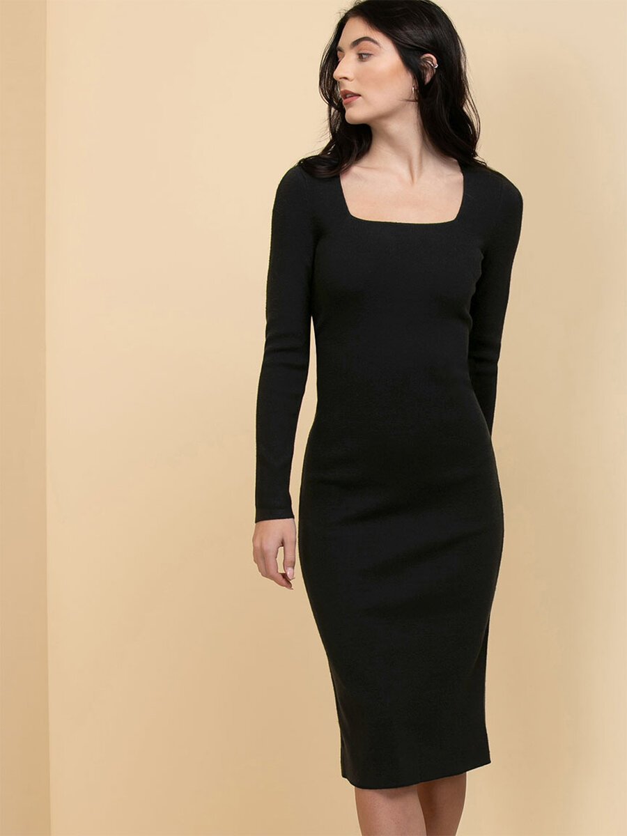 Square Neck Ribbed Sweater Dress