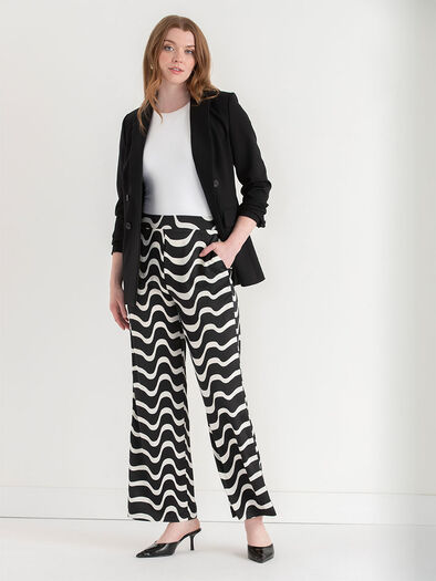 Printed Wide Leg Satin Pants, Wavy Stripe Printed Wide Leg Satin Pants, Wavy Stripe