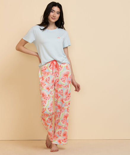 Short Sleeve Pajama Set -Top & Pants, Blue/Watermelon Print