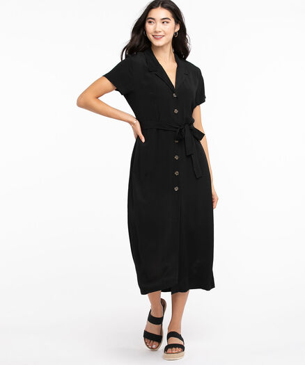 Notch Collar Button Front Midi Dress, Black Notch Collar Button Front Midi Dress, Black