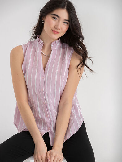Ruffle Collar Dobby Stripe Blouse, Rose Stripe Ruffle Collar Dobby Stripe Blouse, Rose Stripe