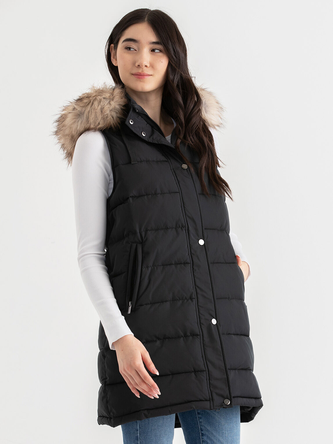 Puffer vest with faux fur clearance hood
