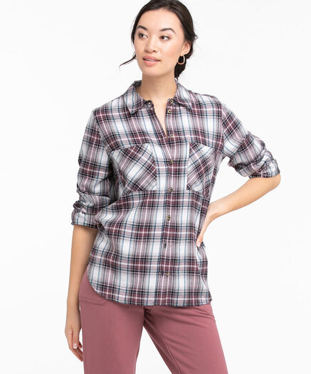 Collared Long Sleeve Button Front Shirt, Purple Plaid