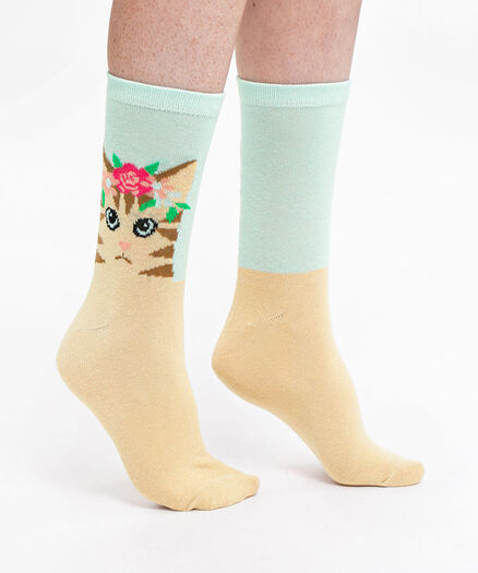 Flower Crown Cat Socks, Beige/Mint