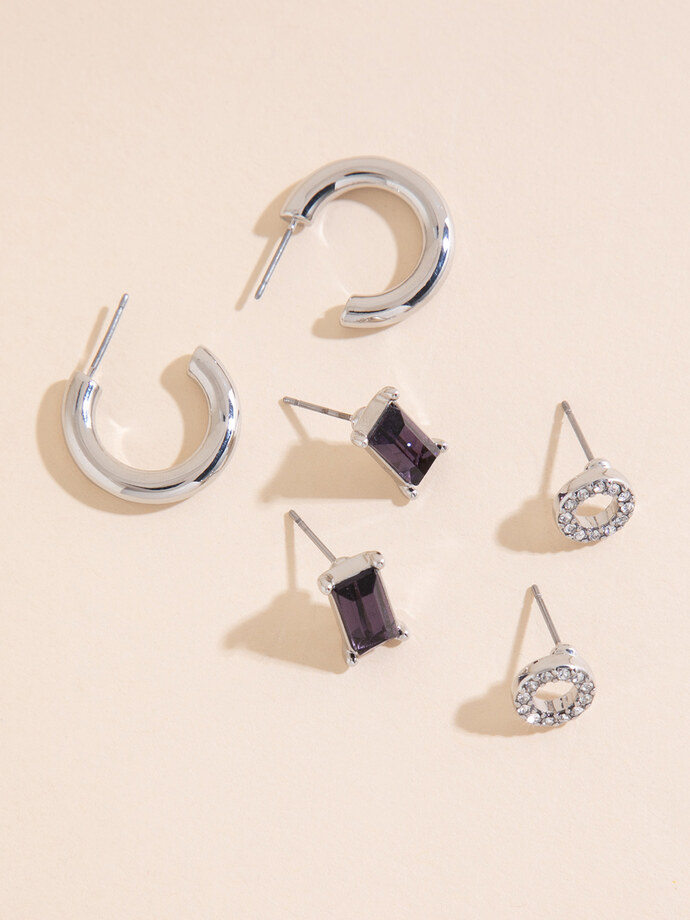 Silver Studded Pave Circle + Emerald Cut + Hoop Earring Trio Image 1