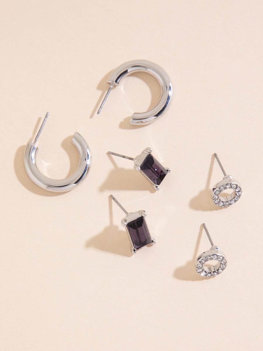 Silver Studded Pave Circle + Emerald Cut + Hoop Earring Trio